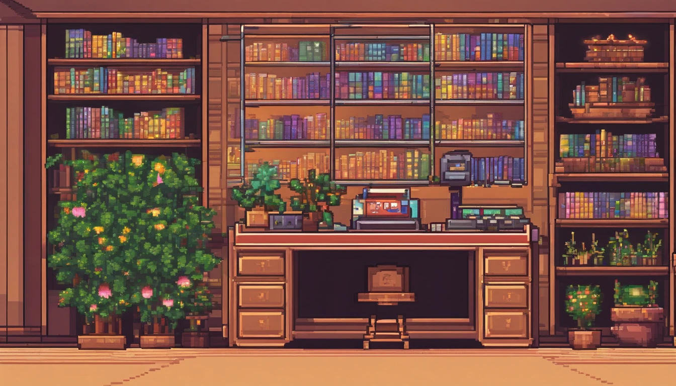 A small desk with a cash register, behind the register is shelves filled with plants, crystals, and books. There are some floating books around the area. Its a very witchy vibe