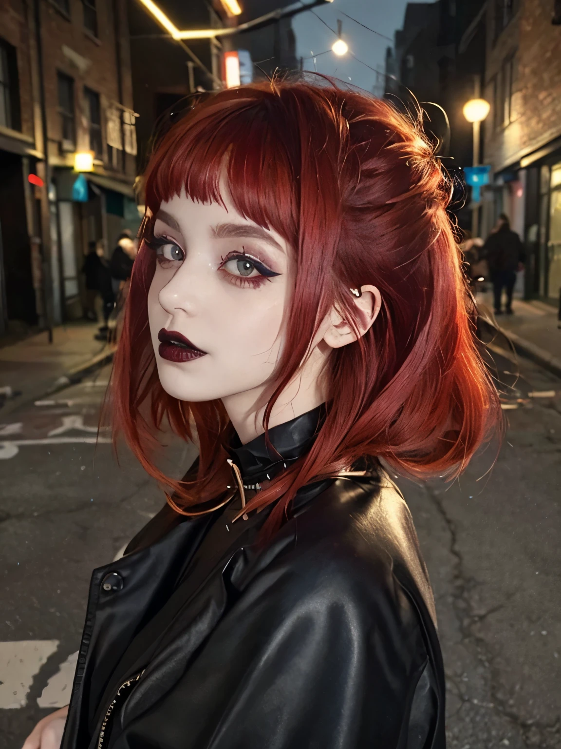  ((best quality)),((masterpiece)),((strikingly beautiful)), goth, excited, pale skin, smoky eyes, vivid colors, punk clothing, rock hairstyle, red hair, black lips, abandoned street, body view, microbangs