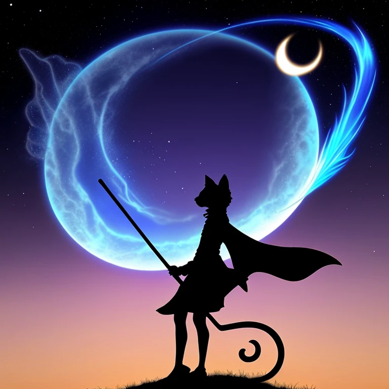 Cat Wizard,silhouette,Fly through the sky on a magic broom,Handsome and beautiful,Anime Style