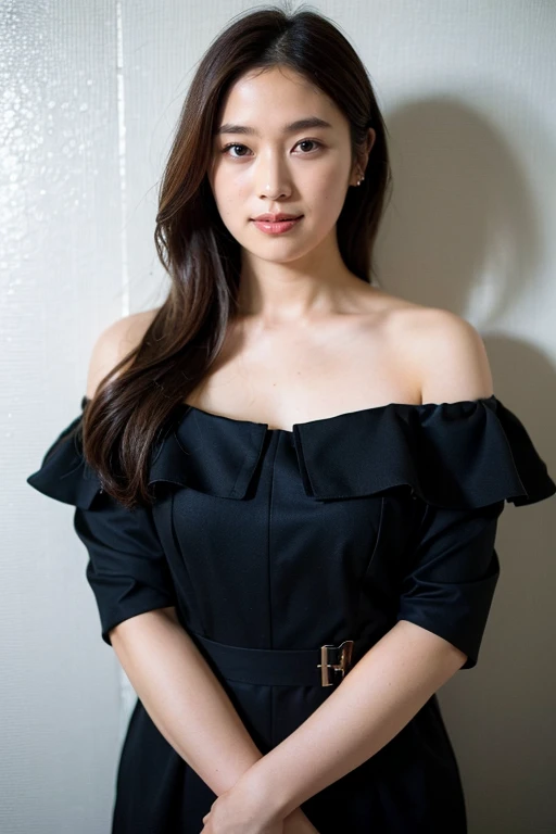 ((highest quality、8k、masterpiece:1.3))、Photorealistic, Sharp focus, high resolution, High resolution,Portraiture, one person、Japanese、woman, beautiful woman, (((black　Off the shoulder　 dress)))、30 years old, Plump, Medium Long Hair,smile