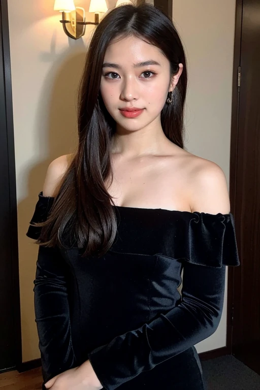 ((highest quality、8k、masterpiece:1.3))、Photorealistic, Sharp focus, high resolution, High resolution,Portraiture, one person、Japanese、woman, beautiful woman, (((black　Off the shoulder　 dress)))、30 years old, Plump, Medium Long Hair,smile