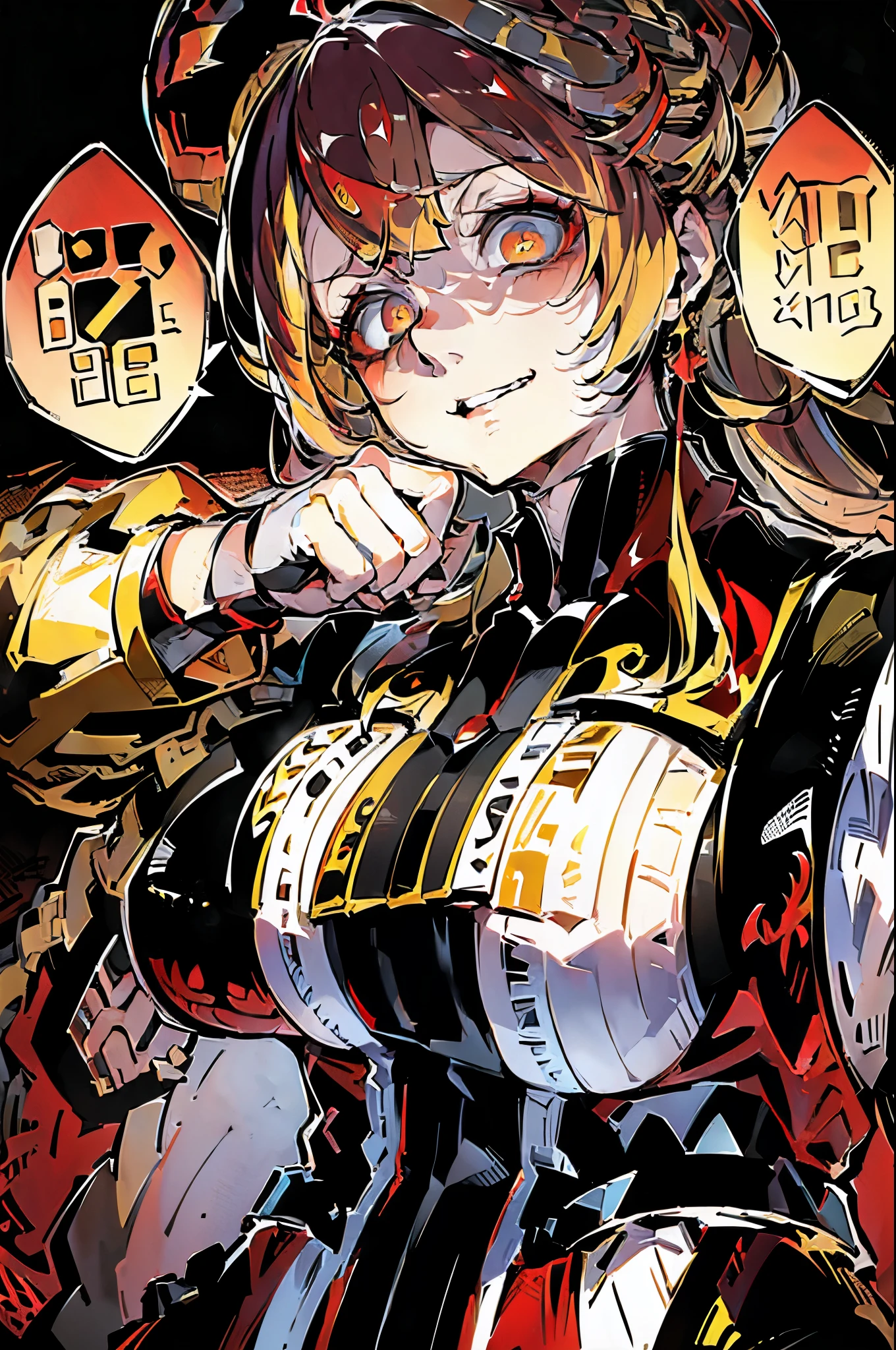 Young woman , Blonde hair ,(Bright Golden Eyes) , red fashion clothes , angry , aggressive facial expression , Upset ,Crazy eyes , evil eyes , grins , looks straight , (((High-quality hands))) ,(fighting stance)