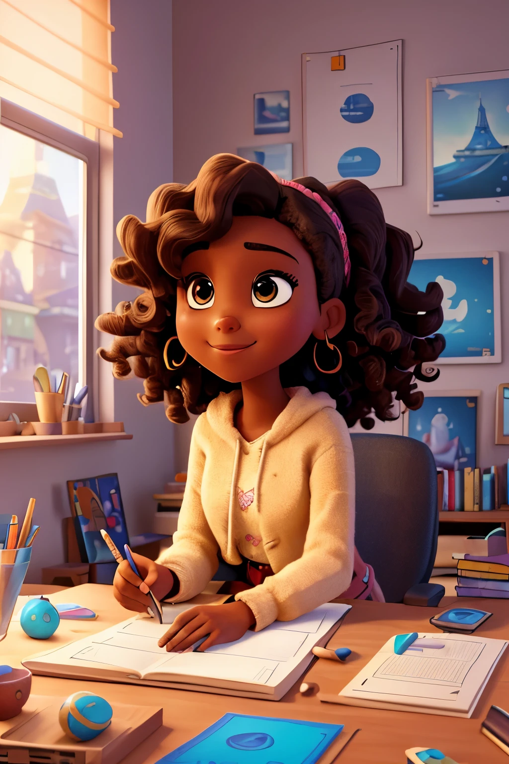 (best quality,4k,8k,highres,masterpiece:1.2),ultra-detailed,realistic,Disney-style,detailed girl character,beautiful brown eyes,dark skin,curly hair,working in her graphic design studio,vector illustration,creative workspace,vivid colors,warm lighting,studio desk with design tools,laptop with design software,pencils and brushes on the desk,colorful sketches on the wall,inspirational quotes on the wall,posters of famous designs,design books and magazines on the shelves,artistic prints on the floor,inspirational mood boards,comfortable chair,designer fashion outfit,positive and focused expression,an artistic atmosphere,fine details and textures,playful creativity,partially filled canvas waiting to be completed,Disney princess references,sparkling magic in the air,enchanting art style.