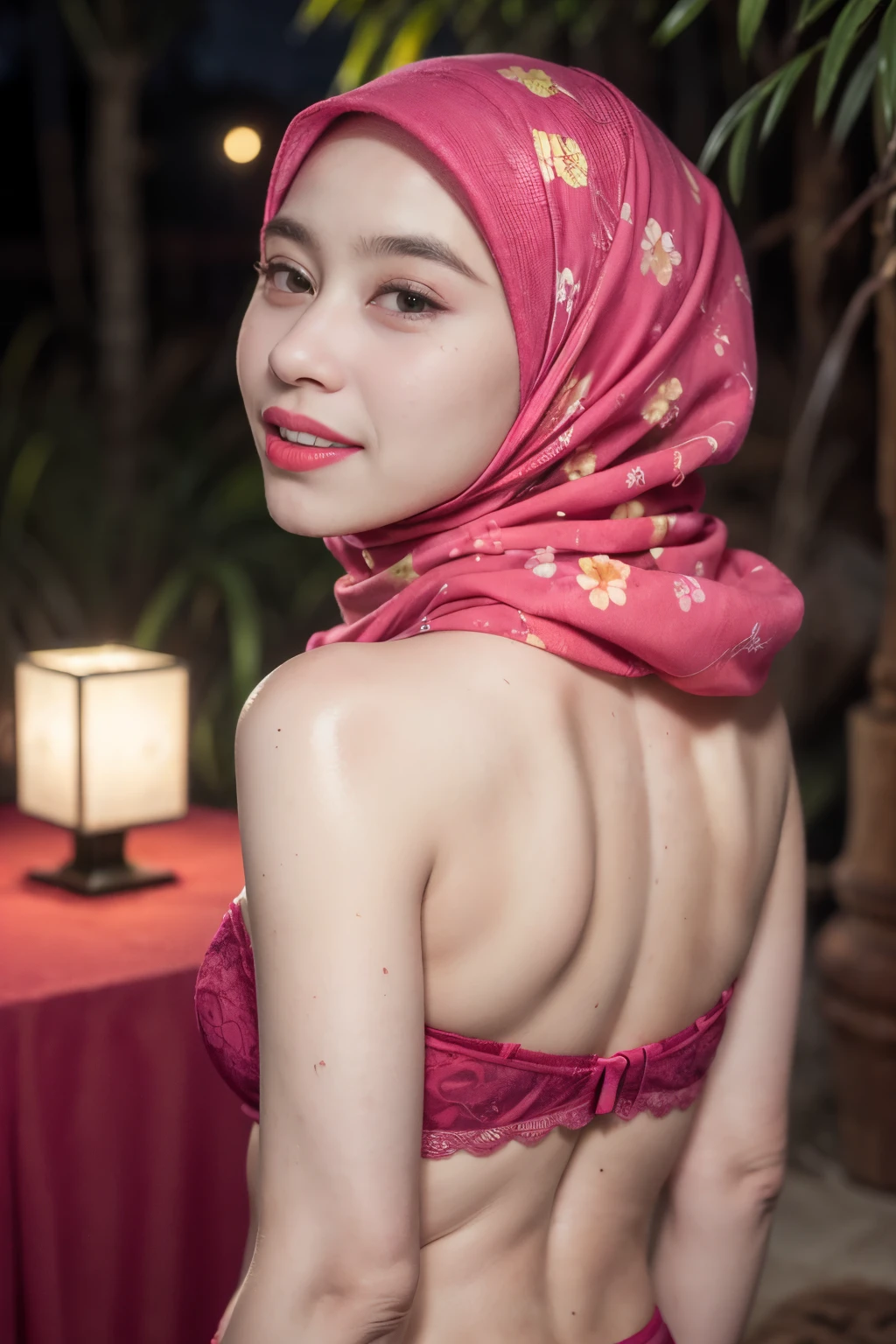 (((huge butt))), ((thick lips:1.7)), Lace, (Happy smile), (((HIJAB MALAY GIRL))), masutepiece, High quality, UHD 32K, Realistic face, Realistic skin feeling , A Japanese Lady, 8 years old, , Very cute and baby-like face, (((FLAT CHEST))), (Night time at forest), ((look In front at the camera and SADNESS)), (((FLUORESCENCE))), (((CUTE GIRL))), ((RED LIPS)), ((Floral Pattern)) little wearing strapless bra, strapless colorful bra, dark night horror scary place (from behind up) seductive pose