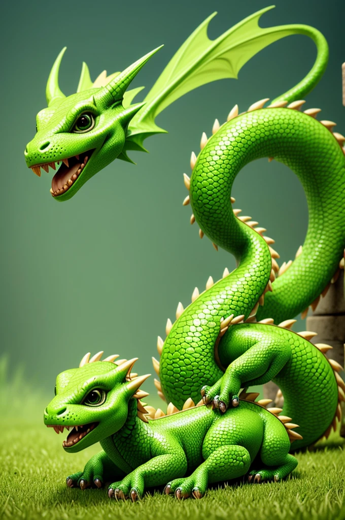 The cutest illustrations：A  green dragon lying on the ground, art station, ....Computer graphics and image processing_cartoon