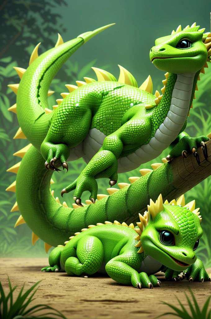 The cutest illustrations：A baby green dragon lying on the ground, art station, ....Computer graphics and image processing_cartoon