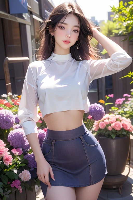 realistic, 1girl,whit hair, purple eyes, glowing eyes, crop top, skirt, parted lips, blush, night, flowers, sun, sunlight,