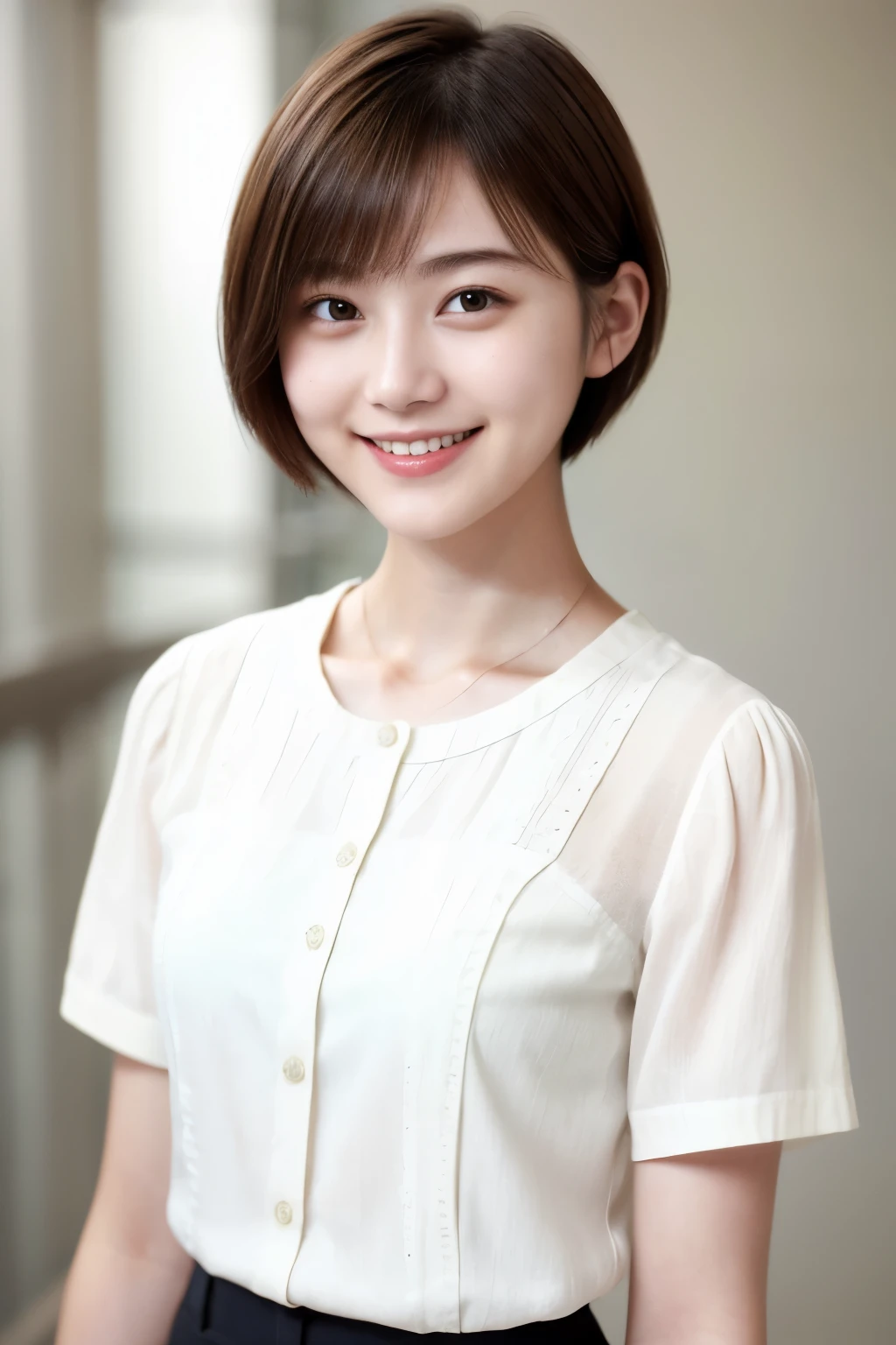 225 Short Hair, 20-year-old woman, A kind smile, (Light-colored short-sleeved clothing)