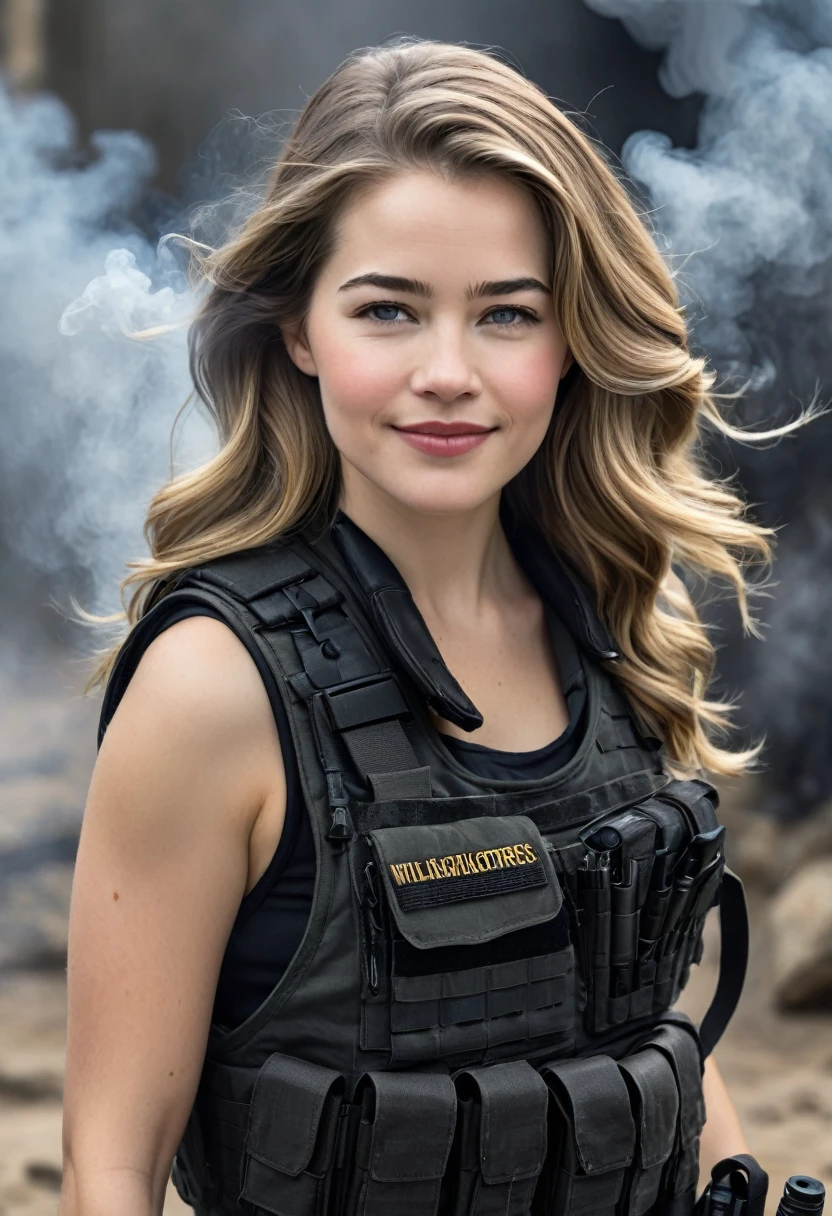 Foto hiper-realista de Willa Fitzgerald, obra de arte, melhor qualidade, (fotorrealista:1.4), Mulher bonita, magrelo, seios pequenos, cabelo castanho liso, rosto detalhado, sorriso, photo taken from a distance, 25 anos, old tears, Special forces uniforms、black tactical vest、black military pants、luvas de combate pretaochila、Camiseta militar preta preta、Detailed facial and chest representations、Detailed representation of the hand、pose de combate、dynamic action、Na cidade、White smoke、assistindo aos espectadores