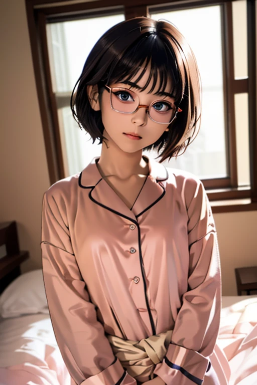 (masterpiece, highest quality), One Girl,  Satou, Satou, Glasses, pajamas, Satou, Glasses, 赤いフレームのGlasses, In bed:1.5,Head to waist,Hotel Rooms,pajamas姿,