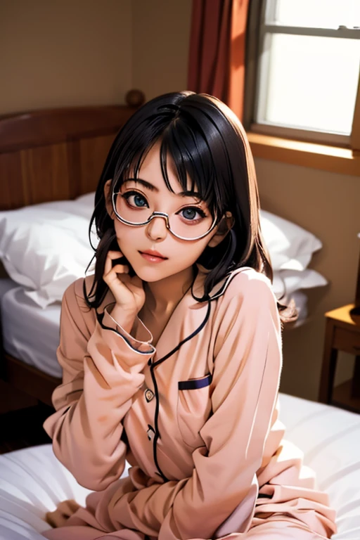 (masterpiece, highest quality), One Girl, Satou, Satou, Glasses, pajamas, Satou, Glasses, 赤いフレームのGlasses, In bed:1.5,Head to waist,Hotel Rooms,pajamas姿,