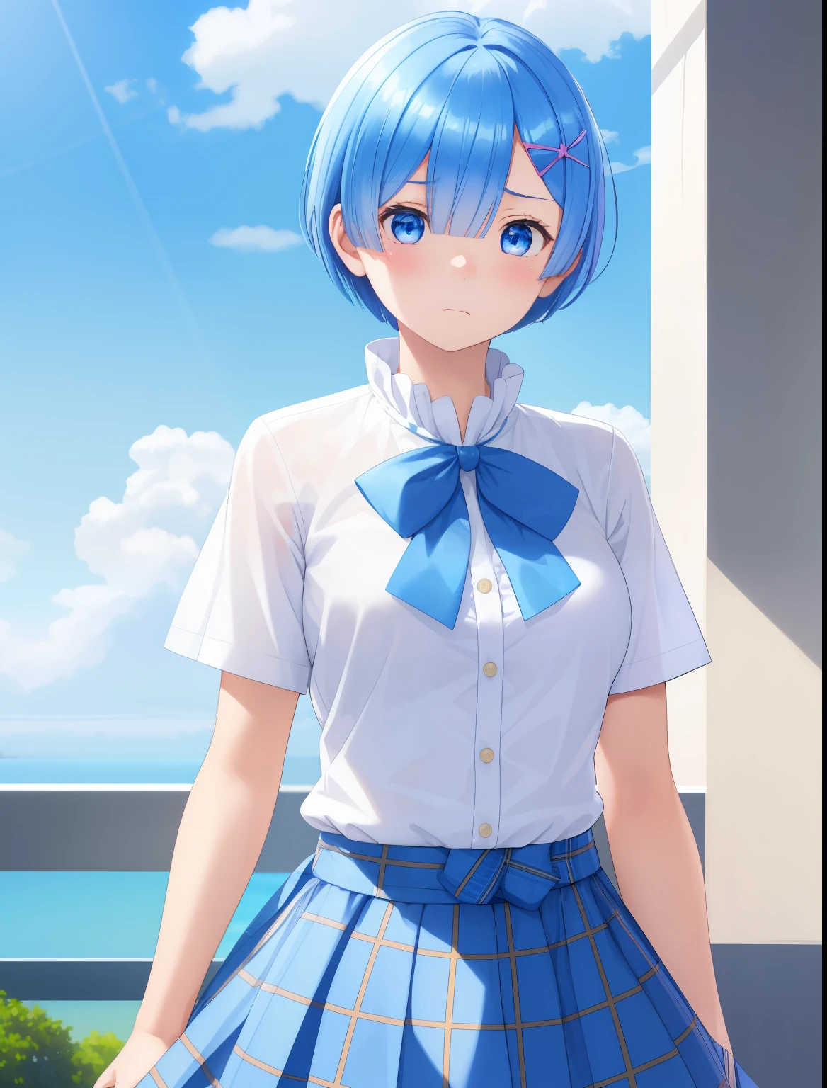 1girl, rem re zero,Short hair,,blue hair, blue eyes,,White shirt, short sleeve shirt, blue plaid skirt, blue bow tie,half body photo,ultra detail, ultra hd,Sad expression, looking away
