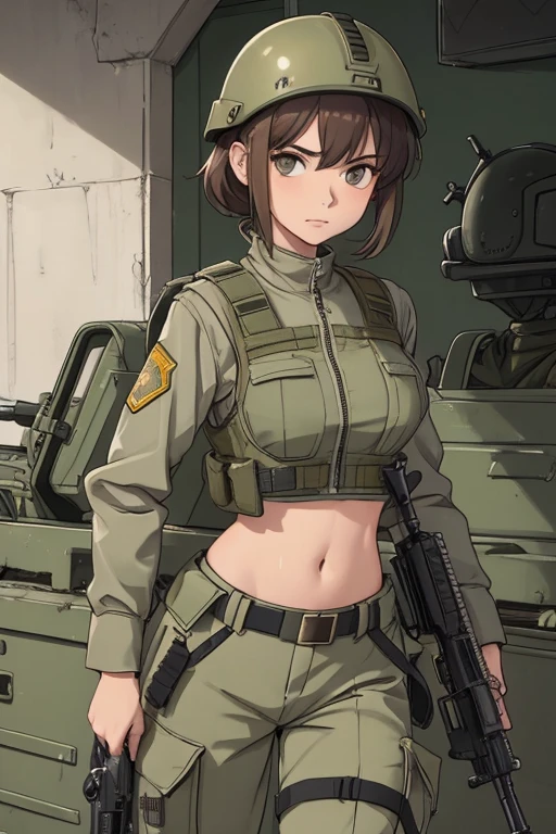 Women in crop top military bulletproof vest , military green cargo pants, ((navel)), belt, military helmet, tactical, (open navel), ((holding assault rifle))