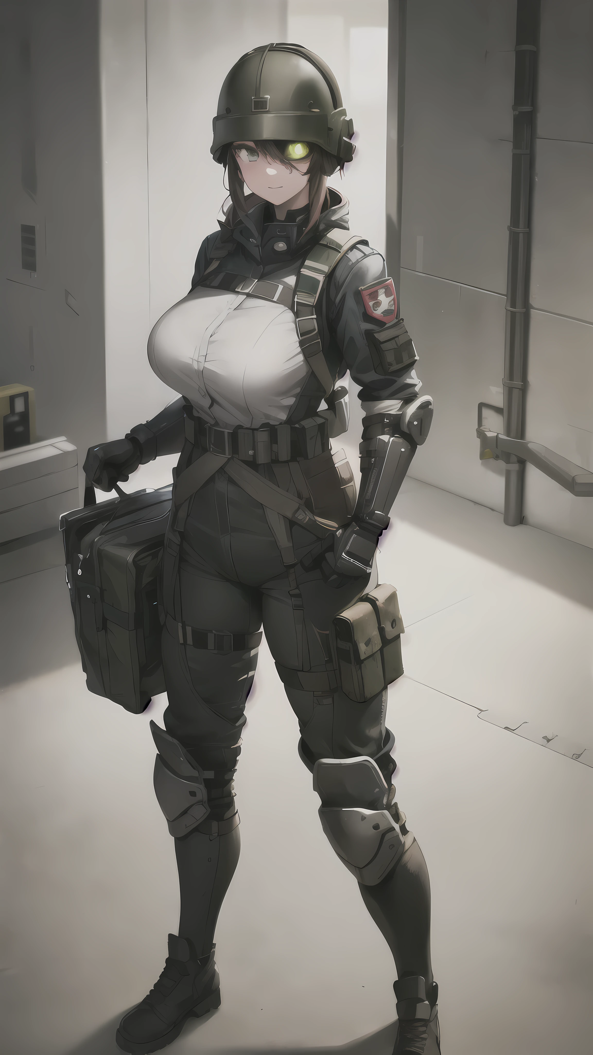 combine soldier, 1girl, solo, standing, helmet, gloves, looking at viewer, facing viewer, military, science fiction, jumpsuit, bulletproof vest, breasts, wide hips, skintight, combat boots, coat around waist, mechanic girl, holster, chest rig, ammo pouches, satchel, toolbelt, vest collar, body armor, shoulder pads, thigh pads, kneepads, armor, high quality shadows, glowing eyes, straps, shotgun shells, menacing, thick thighs, riot gear, riot helmet, bullet proof visor, padded armor, viewing side, helmet accessories, accessories, skin indentation, large breasts, dystopic background, dystopian world,