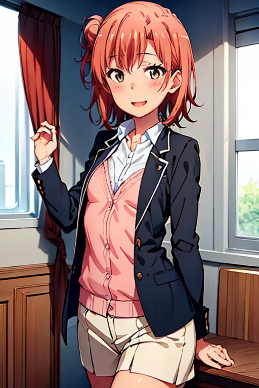 ((highest quality)), ((masterpiece)), (be familiar with), Perfect Face, indoor, Bedroom, Watching the audience,
One woman, Yuigahama Yui,
Open Mouth, Ecstatic expression, blush, smile,
Small breasts, Flat Chest, Young Girl, , , Girl,
Short Hair, Salmon-colored hair, Salmon-colored eyes, Side Pony,
Leg spread,