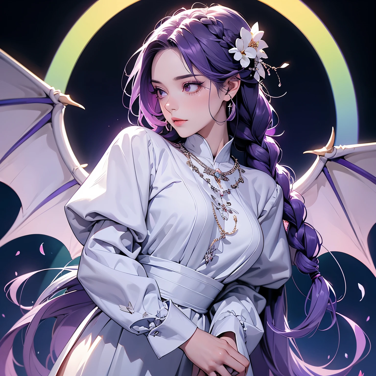 One woman, Very detailed , elegant , Light and vibrant colors , White bat wings growing , moonlight , whole body , 女god , Beauty , Big Rainbow , Braided purple hair , Covered by long sleeves , Small breasts , Looking down , Lots of flowers , god々Shining light , Bad mood