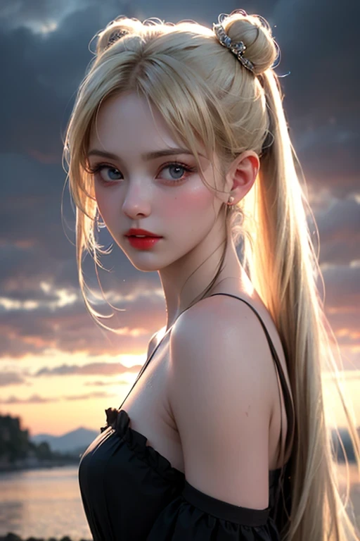 (8k, 4K, highest quality, High resolution, 超High resolution:1.1), (masterpiece, Realistic, photo-Realistic:1.1), One girl, face, close, Twin tails, Blonde, Iris, Red lips, (View your viewers:2), Ridiculously long hair, Long eyelashes, eye shadow, small face, Big eyes,
Exposing shoulders,
High Contrast,