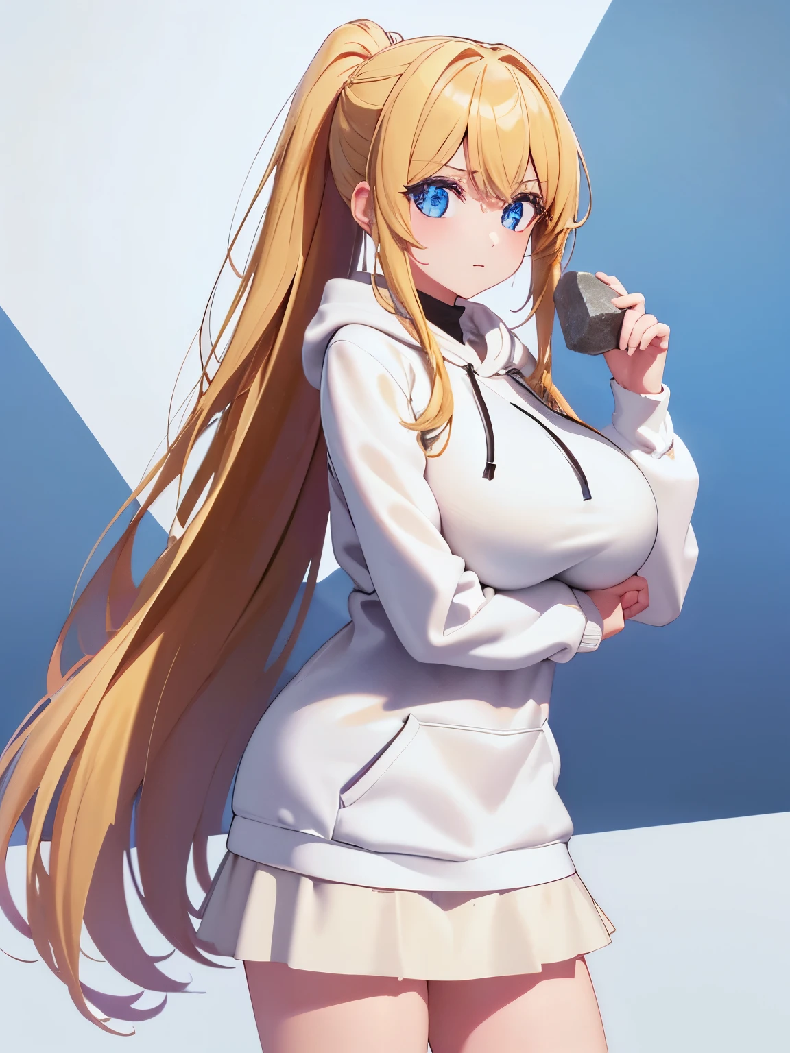 1woman,super beautiful,Standing, holding a stone,half body photo,Beautiful eyes, very detailed face,cute, tennis skirt,HD face, perfect face, white hoodie,long hoodie,black mini skirt,Very big breasts,Blonde hair,long hair,ponytail,bangs,blue eyes,ultra detail,ultra Hd, masterpiece,4k