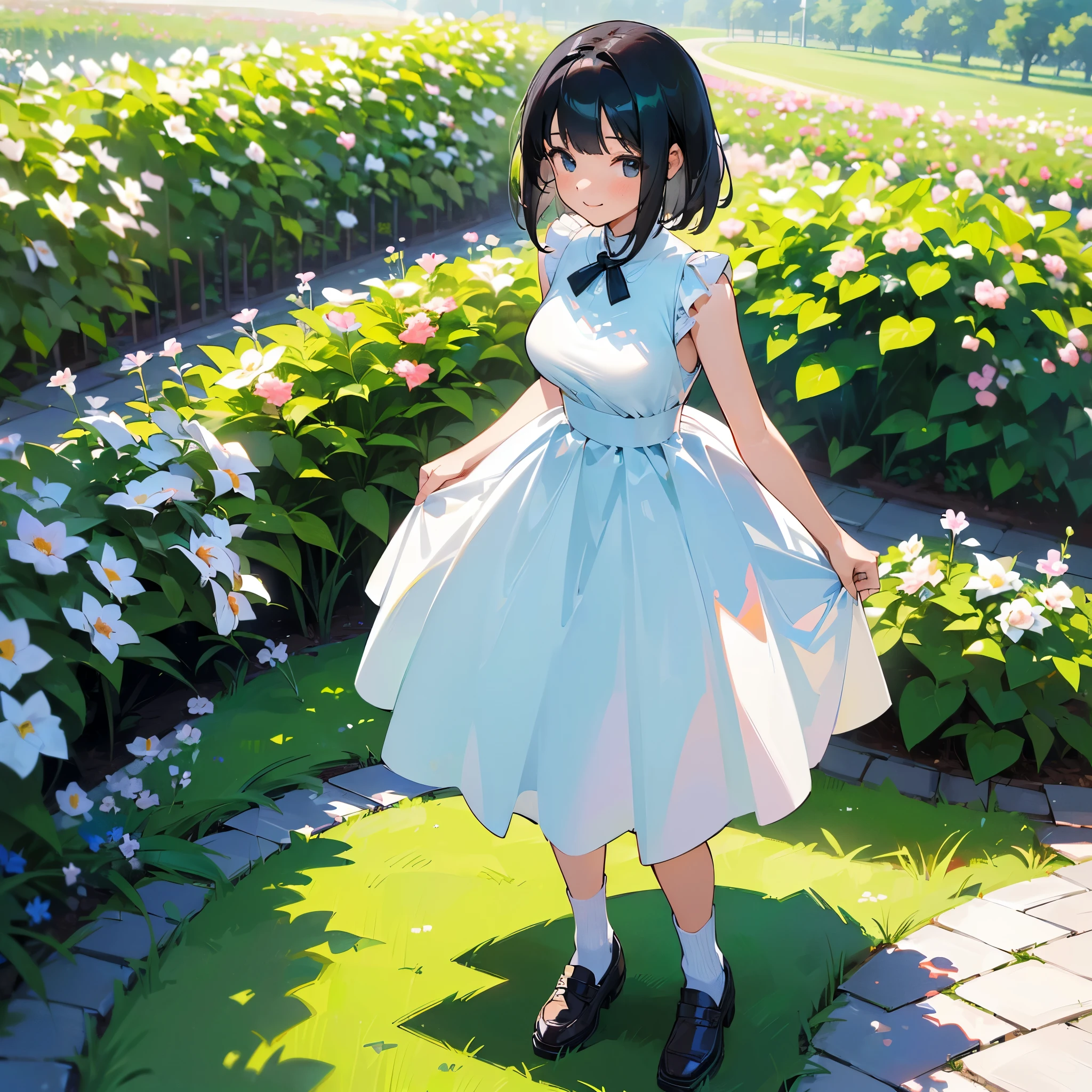 (high quality, High resolution, Very detailed, reality:1.37), Peaceful atmosphere, (Outdoor, garden), age girl standing alone, (my breasts are big.), Beautiful details, Cute Smile, (Black bob hair), White sleeveless dress, socks, loafers.