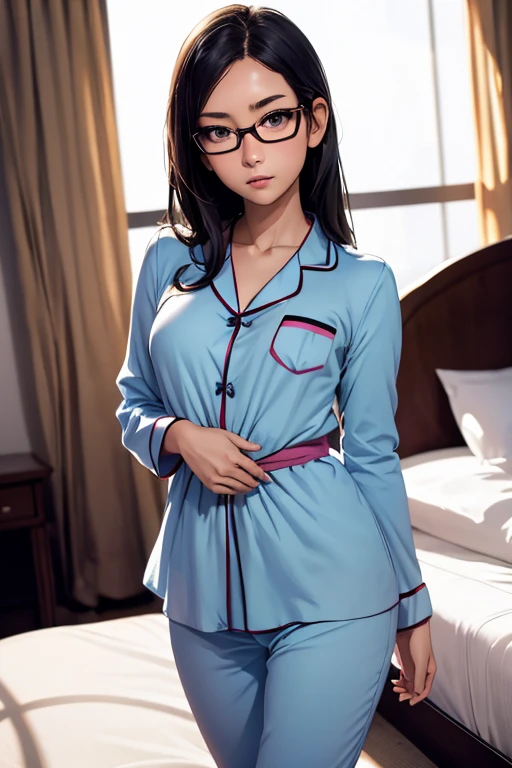(masterpiece, highest quality), One Girl, Satou, Satou, Glasses, pajamas, Satou, Glasses, 赤いフレームのGlasses, In bed:1.5,Head to waist,Hotel Rooms,pajamas姿,