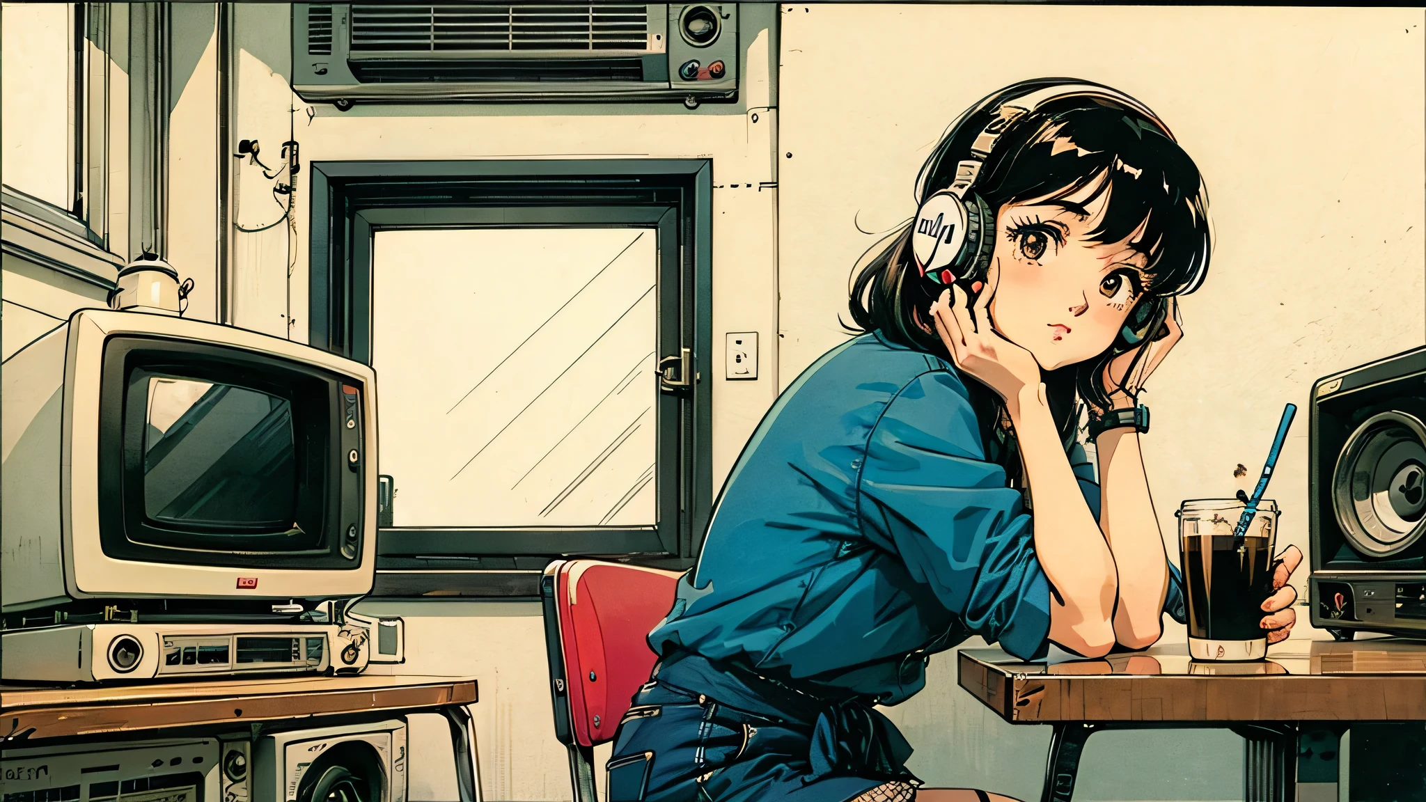 1 girl, 90s anime style, I have headphones on, Stylish cafe, coffee, Retro, Old TV, Lo-Fi