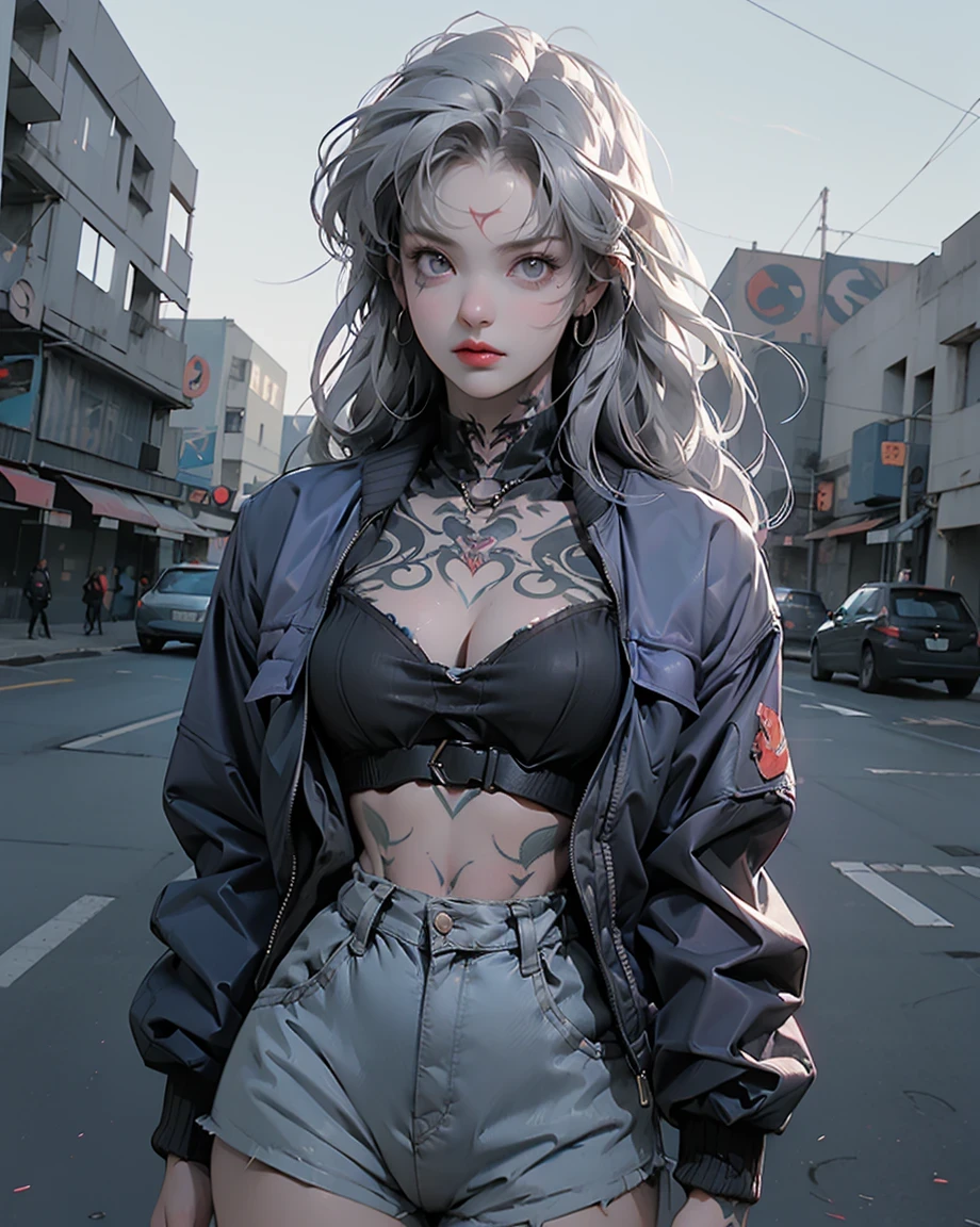 One Girl, Gray Hair, Long Hair, Techwear masterpiece, highest quality, Realistic, Dark purple jacket, Portraiture, fine grain, Platinum Hair, 21 year old girl, Fashion pose, Half Body, Wide Shot, on the road, cyber punk,(((He has many tattoos all over his body)), (((Tight waist))), ((Big Breasts)),(See-through)，panties