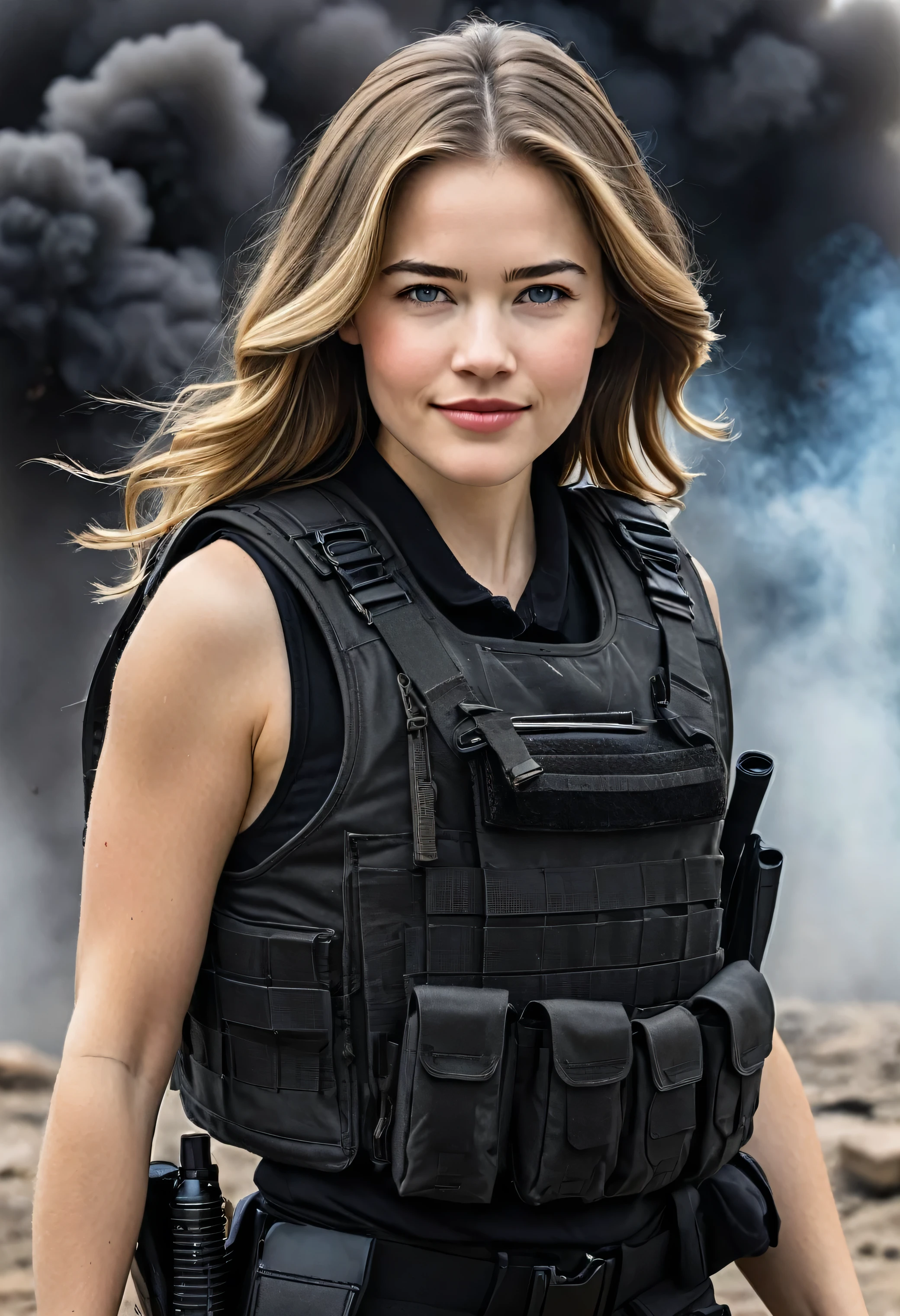 Foto hiper-realista de Willa Fitzgerald, obra de arte, melhor qualidade, (fotorrealista:1.4), Mulher bonita, magrelo, seios pequenos, cabelo castanho liso, rosto detalhado, sorriso, photo taken from a distance, 25 anos, old tears, Special forces uniforms、black tactical vest、black military pants、luvas de combate pretaochila、Camiseta militar preta preta、Detailed facial and chest representations、Detailed representation of the hand、pose de combate、dynamic action、Na cidade、White smoke、assistindo aos espectadores