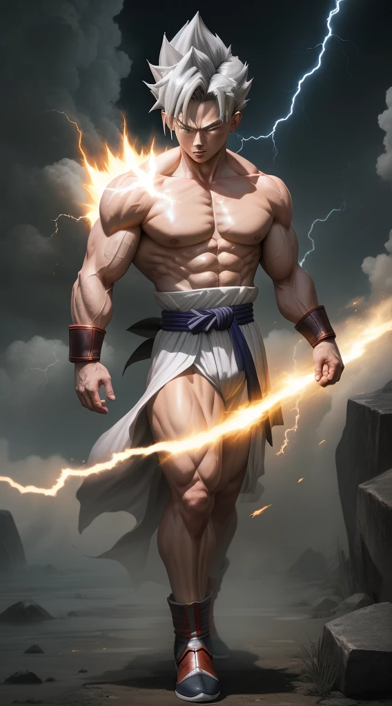 masterpiece, best quality, Gohan, Super Saiyan 10 Lightning,Full Body Gray Hair,Slowly accumulate energy in a thunderous environment