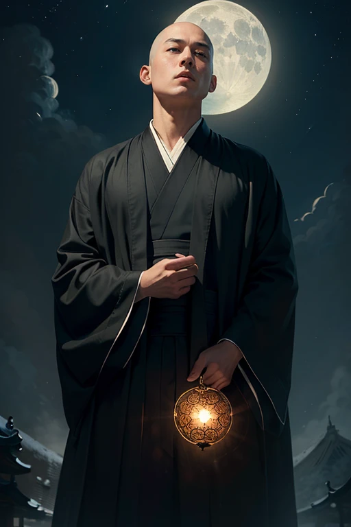 ((Highest quality))、((masterpiece))、(An illustration)The handsome man looking up at the sky is a Japanese monk、Beautiful eyes、Round shaved head、Skinhead、moon wheel、Black robe、Buddha、saint、Old Books、