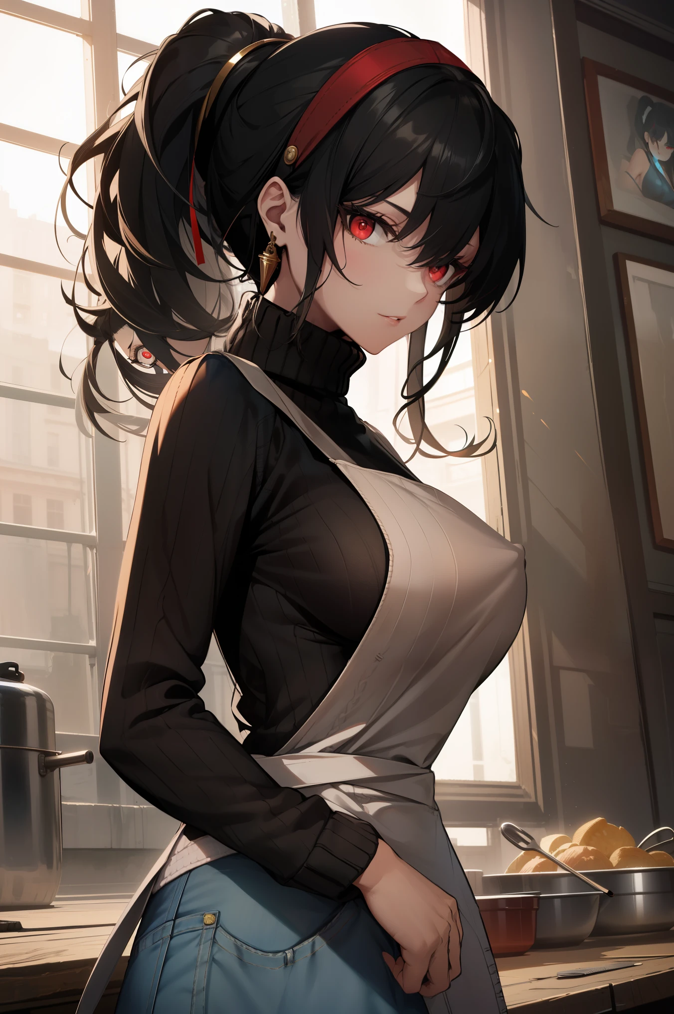 Ajof, side locks, golden hairband, hair adornments, ((Red eyes:1.5)), gold earring, Large breasts,((black hair:1.5)),
BREAK ((apron, denim, jeans, long hair, pants, ponytail, ribbed sweater, sweater, turtleneck:1.5)),
BREAK view the viewer,(Big naked Breasts with nipples), full bodyesbian, ((Large ????? breasts with nipples)),
BREAK (masterpiece:1.2), best quality, high resolution, unity 8k wallpaper, (illustration:0.8), (beautiful detailed eyes:1.6), extremely detailed face, perfect lighting, extremely detailed CG, (perfect hands, perfect ???????),