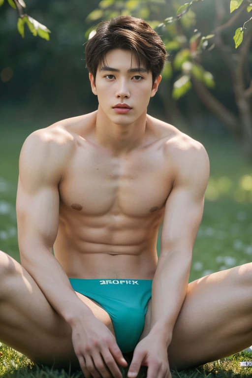 1 Man, ((male model )) healthy skin, masterpiece, best quality, most handsome man in the world, by Kim Soo-hyun, prefect body, beautiful male model, an attractive man 18-24 years old aesthetic, at spring flower booming, green fields, spring, plains, trees, flower, blue sky, ruggedly handsome young man wearing a sexy bikini thong, mascular, lifted arms, spread legs, pubes, sitting, shirtless, ((smooth body)), super cute, dynamic pose, cool and seductive, dramatic lighting, full body shot,  youthful face, full body, body without hair, tall, fit body, dominant, Caucasian or white skin, youthful face, firm body, high definition, natural flesh tones, soft light, highly detailed, looking at viewer, photography, detailed skin, real person, realistic, photo-realistic, insanely detailed, face detail, hype maximalist, hype hyperrealism, cinematic, telephoto, lighting intricate details, highly detailed, digital painting, artstation, concept art, smooth, sharp focus, illustration, Unreal Engine 5, 8K, art by Ross Tran and greg rutkowski and alphonse Mucha, UHD, 8k, show only male.8k uhd, dslr, dim lighting, high quality, film grain, Fujifilm XT3, male only fan, pair model.