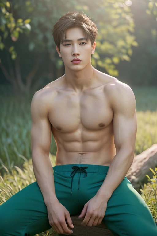 1 Man, ((male model )) healthy skin, masterpiece, best quality, most handsome man in the world, by Kim Soo-hyun, prefect body, beautiful male model, an attractive man 18-24 years old aesthetic, at spring flower booming, green fields, spring, plains, trees, flower, blue sky, ruggedly handsome young man wearing a sexy bikini thong, mascular, lifted arms, spread legs, pubes, sitting, shirtless, ((smooth body)), super cute, dynamic pose, cool and seductive, dramatic lighting, full body shot,  youthful face, full body, body without hair, tall, fit body, dominant, Caucasian or white skin, youthful face, firm body, high definition, natural flesh tones, soft light, highly detailed, looking at viewer, photography, detailed skin, real person, realistic, photo-realistic, insanely detailed, face detail, hype maximalist, hype hyperrealism, cinematic, telephoto, lighting intricate details, highly detailed, digital painting, artstation, concept art, smooth, sharp focus, illustration, Unreal Engine 5, 8K, art by Ross Tran and greg rutkowski and alphonse Mucha, UHD, 8k, show only male.8k uhd, dslr, dim lighting, high quality, film grain, Fujifilm XT3, male only fan, pair model.