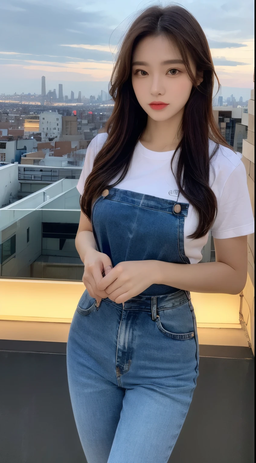 ((Midnight, Best quality, 8k, Masterpiece :1.3)), Whole body, Long legs, Sharp focus :1.2, A pretty woman with perfect figure :1.4, Slender abs :1.1, ((Dark brown hair, Big breasts :1.2)), (White tight tshirt, Jean bib, Standing:1.2), ((Night city view, Rooftop:1.3)), Highly detailed face and skin texture, Detailed eyes, Double eyelid