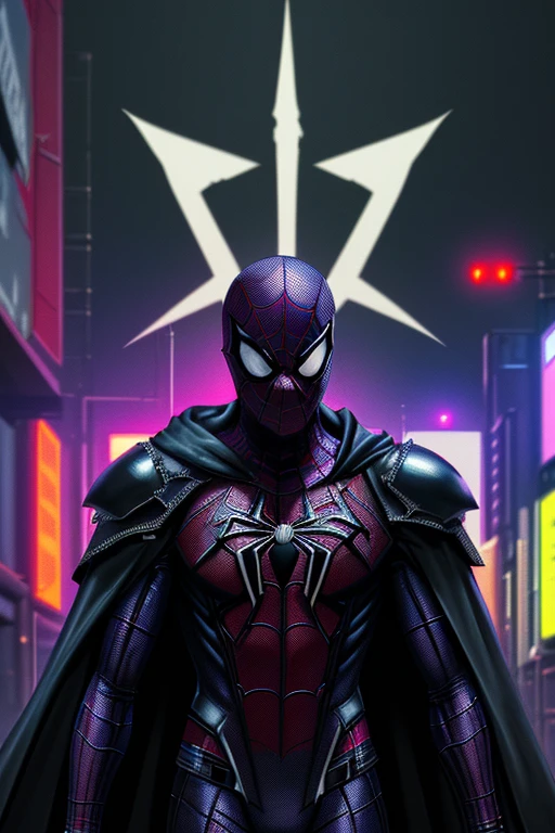 (papel de parede 8K extremamente detalhado), a medium shot of scary cyberpunk Grim dressed as Spider-Man cape in armor made of black Marvel leather, tema ciberpunk, intricado, alto detalhe, dramatic, Neon city lights in the background