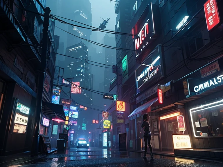 best quality, masterpiece, game stage, game environment, street for RPG game, cyberpunk, night, signboards, shops, quiet, dangerous, creepy, dark,scary