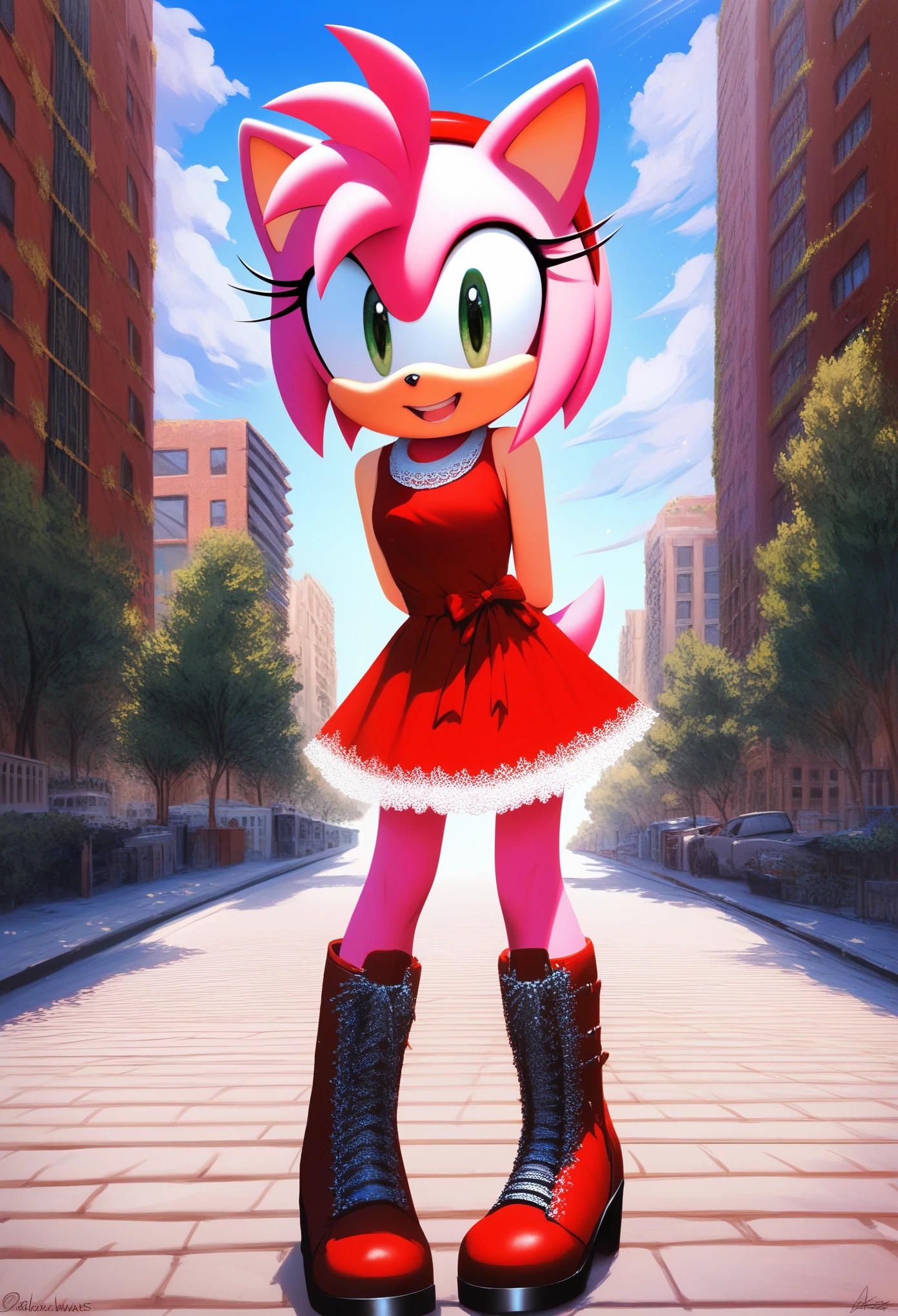 score_9, score_8_up, score_7_up, [Amy Rose], [sonic the hedgehog \(series\)], [Uploaded to e621.net; (Pixelsketcher), (wamudraws), (napalm_express)], ((masterpiece)), ((HD)), ((high quality)), ((solo portrait)), ((front view)), ((full body)), ((detailed fur)), ((detailed shading)), ((cel shading)), ((beautiful render art)), ((intricate details)), {anthro, (slim figure), (pink fur), black nose, animal ears, cute green eyes, short hair, headband, short tail, (gorgeous hips), (beautiful legs), (excited smile), (mouth open)}, {(short red dress white lining), (red knee-high boots), (white stripes on boots)}, {(standing), (arms behind back), (pigeon-toed), (looking at viewer)}, [background; (city), (blue sky), (sun rays)]