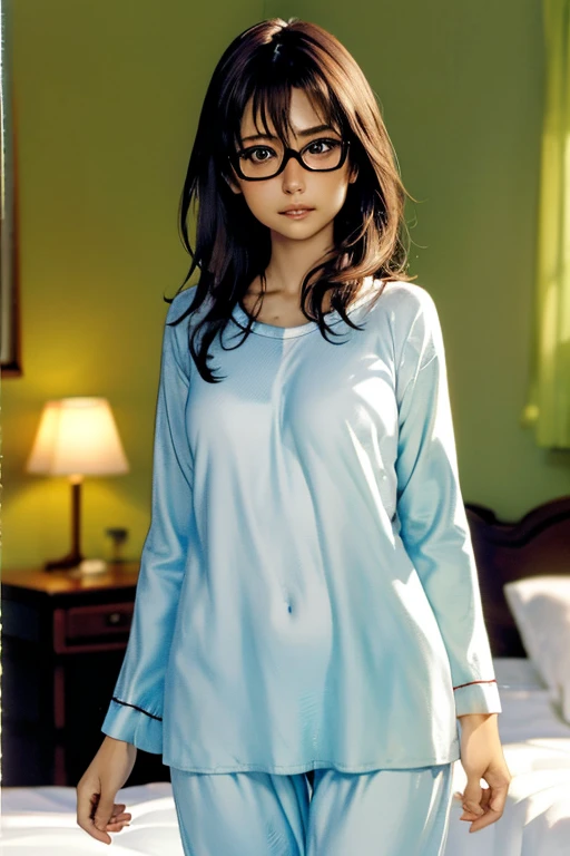 (masterpiece, highest quality), One Girl,  Satou, Satou, Glasses, pajamas, Satou, Glasses, 赤いフレームのGlasses, In bed:1.5,Head to waist,Hotel Rooms,pajamas姿,