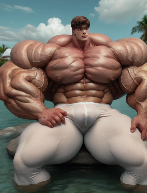 1 masculine men, giant, model shoot style, looking at camera, standing, cool ambience, outdoor, summer season, at the ocean lagoon, cloudy sky, strong body, bulk, large size, seated on the rock, ocean, white triangular underwear, prominent bulge, big, brutalmass, giant, muscular body, bulk, massive body, large meaty body size, brown skin, wet