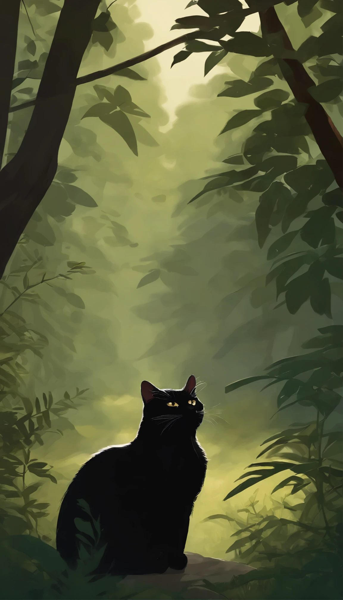 there is a black cat that is sitting in the bushes, a digital painting by André Beauneveu, trending on cgsociety, conceptual art, cat in the forest, beautiful illustration, jen bartel, 🌺 cgsociety, amongst foliage, beautiful digital illustration, moody :: studio ghibli, dreamy illustration, #illustration, black cat, ✨🕌🌙