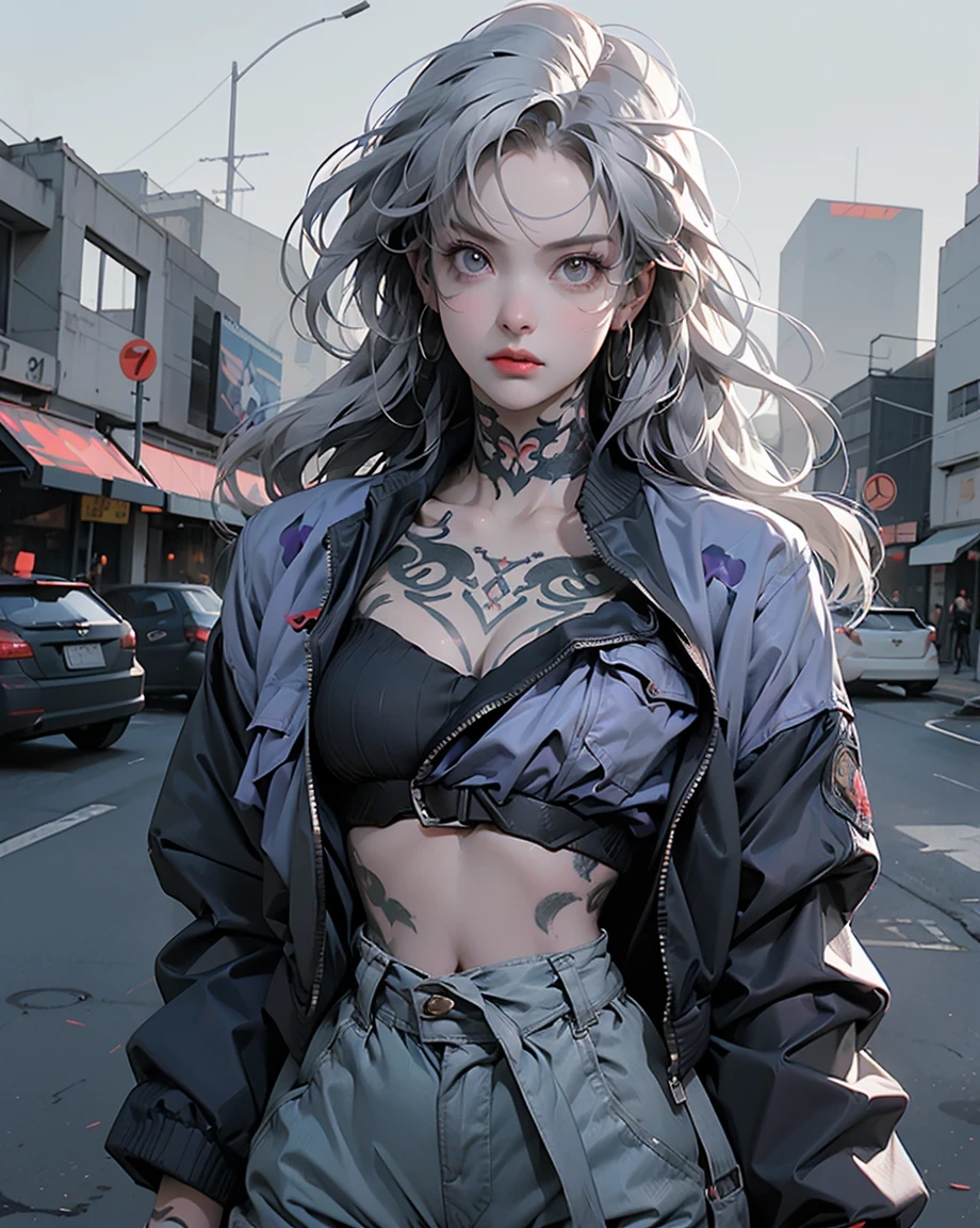 One Girl, Gray Hair, Long Hair, Techwear masterpiece, highest quality, Realistic, Dark purple jacket, Portraiture, fine grain, Platinum Hair, 21 year old girl, Fashion pose, Half Body, Wide Shot, on the road, cyber punk,(((He has many tattoos all over his body)), (((Tight waist))), ((Big Breasts)),(See-through)，panties