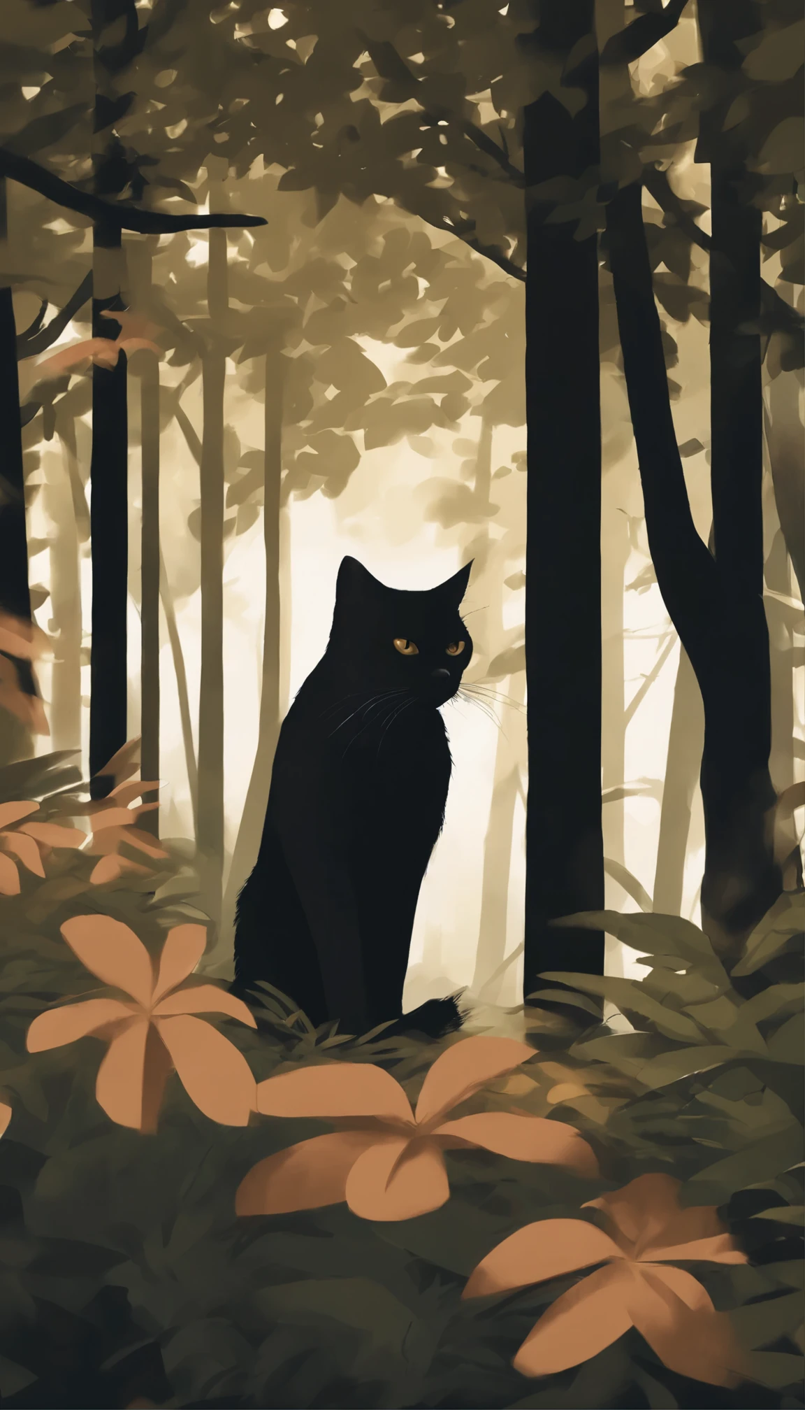 there is a black cat that is sitting in the bushes, a digital painting by André Beauneveu, trending on cgsociety, conceptual art, cat in the forest, beautiful illustration, jen bartel, 🌺 cgsociety, amongst foliage, beautiful digital illustration, moody :: studio ghibli, dreamy illustration, #illustration, black cat, ✨🕌🌙