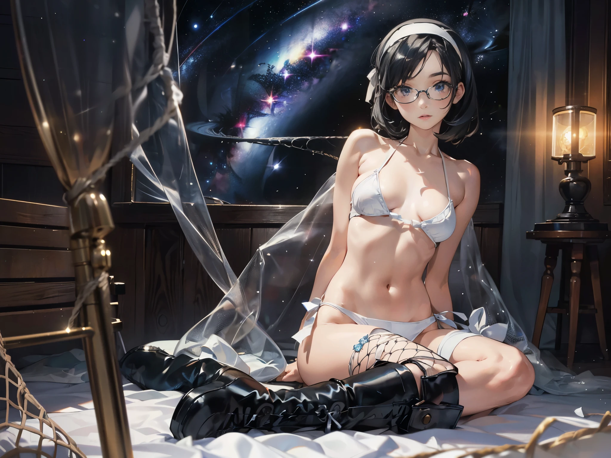 (maximum resolution: 1.2), (ultra high definition:1.2), cinema light, 8K resolution, fine eyes and skin, detailed face, perfect style, cute face, Accurate, anatomically correct, Highly detailed face and skin texture, beautiful and meticulous droopy eyes, s old, (black hair:1.5), bob hair, parted bangs, blue eyes, (white hairband:1.5), glasses, (patternless white bikini net swimsuit:1.5), (boots:1.5), sitting sexy pose, (by the universe:1.5)