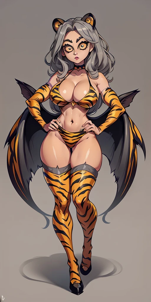 full body looking to viewer standing straight symmetrical against contrapposto yellow tiger print BIKINI stockings sleeves, hands on waist hips, navel, (Vladilena Milize) (grey big eyes:1.5) grey long hair, scar between eyelashes