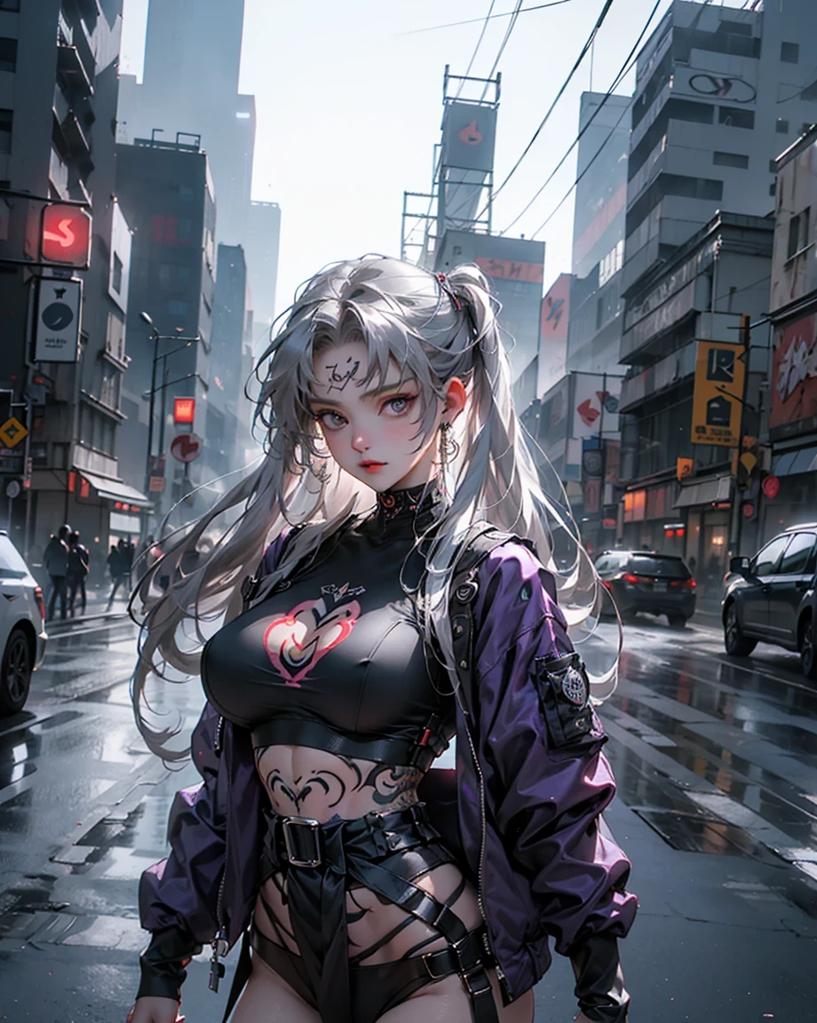 One Girl, Gray Hair, Long Hair, Techwear masterpiece, highest quality, Realistic, Dark purple jacket, Portraiture, fine grain,Platinum Hair, 21 year old girl, Fashion pose, Half Body, Wide Shot, on the road, cyber punk,(((He has many tattoos all over his body)), (((Tight waist))), ((Big Breasts)),(See-through),panties