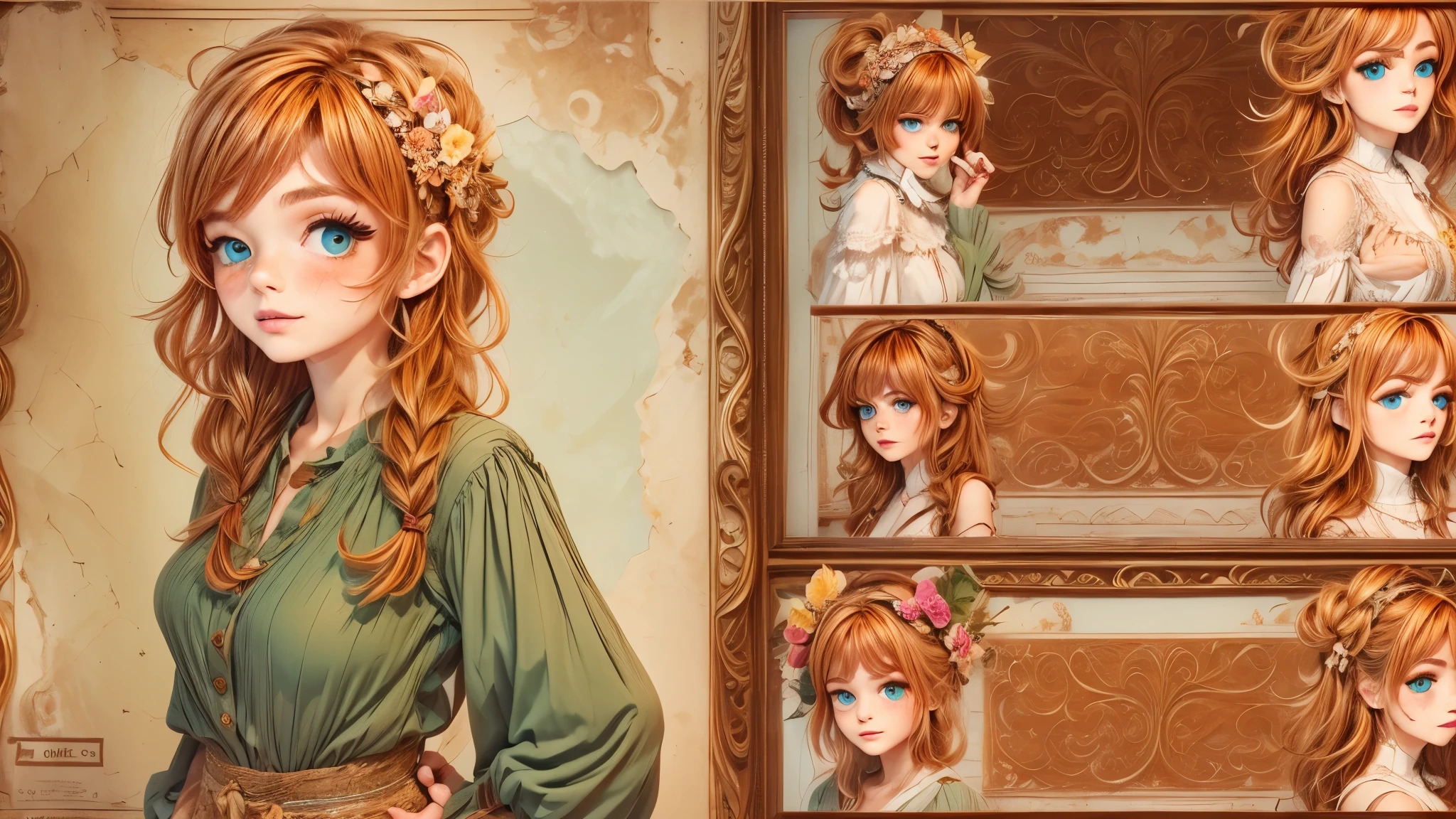 Luma is a elegant person, she is beautiful And have a strong posture, she has breasts that have a voluminous proportion, a pear feminine silhouette, Auburn hair, long Auburn hair, She has expressive eyes, ( Only eyes olive green) Her skin is fair and she has some light freckles on her cheek bones, busty, Farm, Brown rustic clothes, boho clothes, farm boho fashion clothes, romantic vibes, fire lights, fire sparkles, flowers clothes the hair to be half straight and half with curled ends cartoon