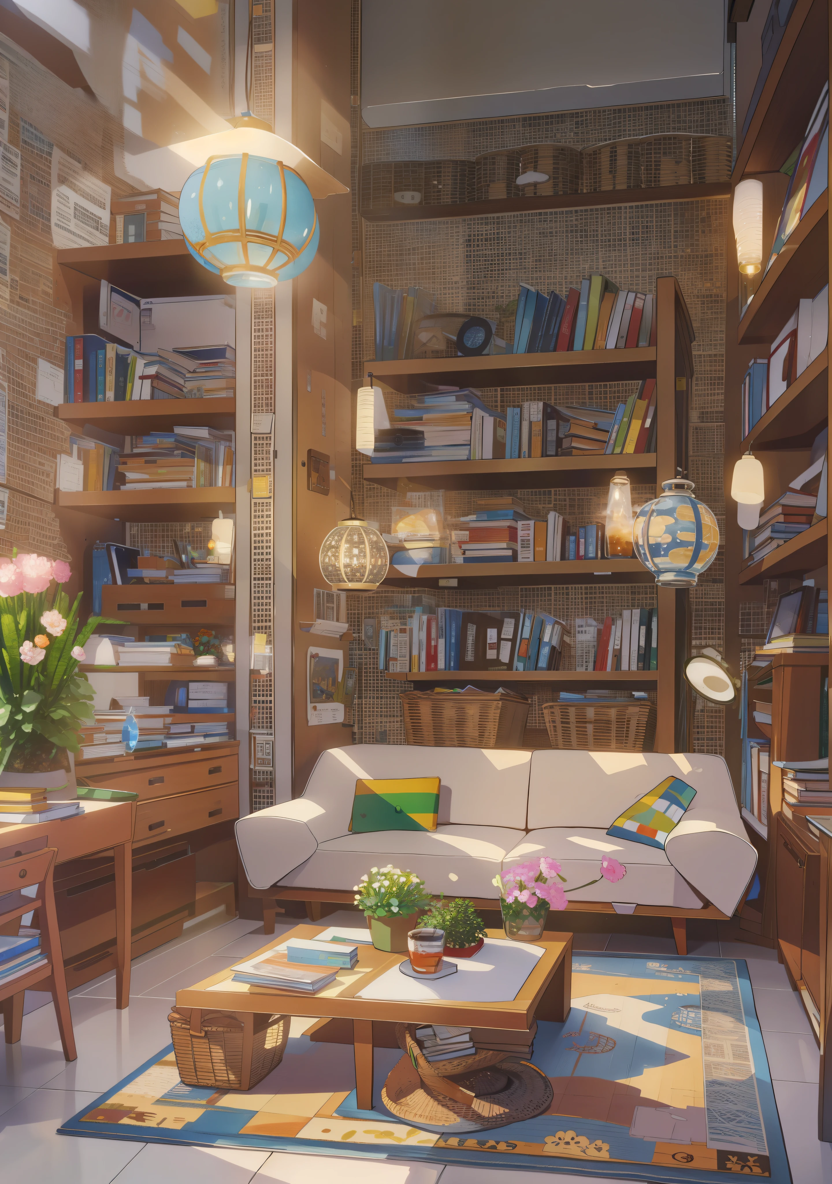 (masterpiece:1.2),best quality, Modern campus,morning,School,Student Union,Modern classroom,classroom,classroom,classroom,Modern meeting room, 100mm lens, 3d blender rendering, No humans, landscape, summer, Sky, cloud, ,table,Bookshelf with many books,masterpiece, best quality, Ultra Detailed,HD, HDR, 8k,masterpiece, The bookshelves are full of books, modern furniture, Flower pot with branches, bottle, Glasses, cup, plate, crystal, Bookcases filled with various books, Dishes, emphasize, Exquisite interior, Landscape outside the window, a bridge, Sea, Mountains, Sunset, A city, Neon, morning, floor, A sofa, Pillow, Candlestick, Flowers,