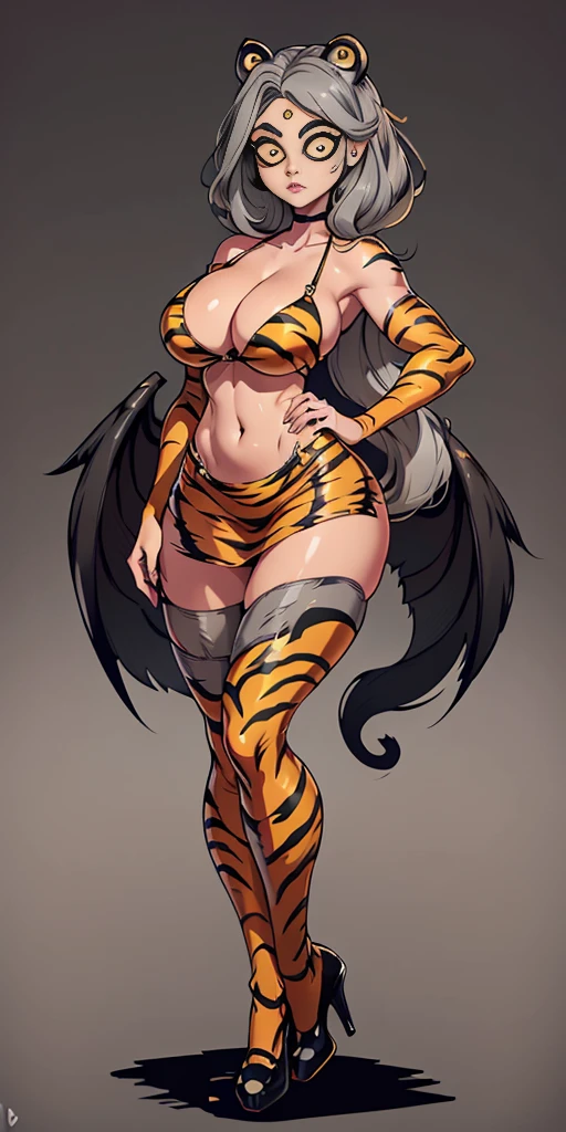 full body looking to viewer standing straight symmetrical against contrapposto yellow tiger print BIKINI stockings sleeves, hands on waist hips, navel, (Vladilena Milize) (grey big eyes:1.5) grey long hair, scar between eyelashes