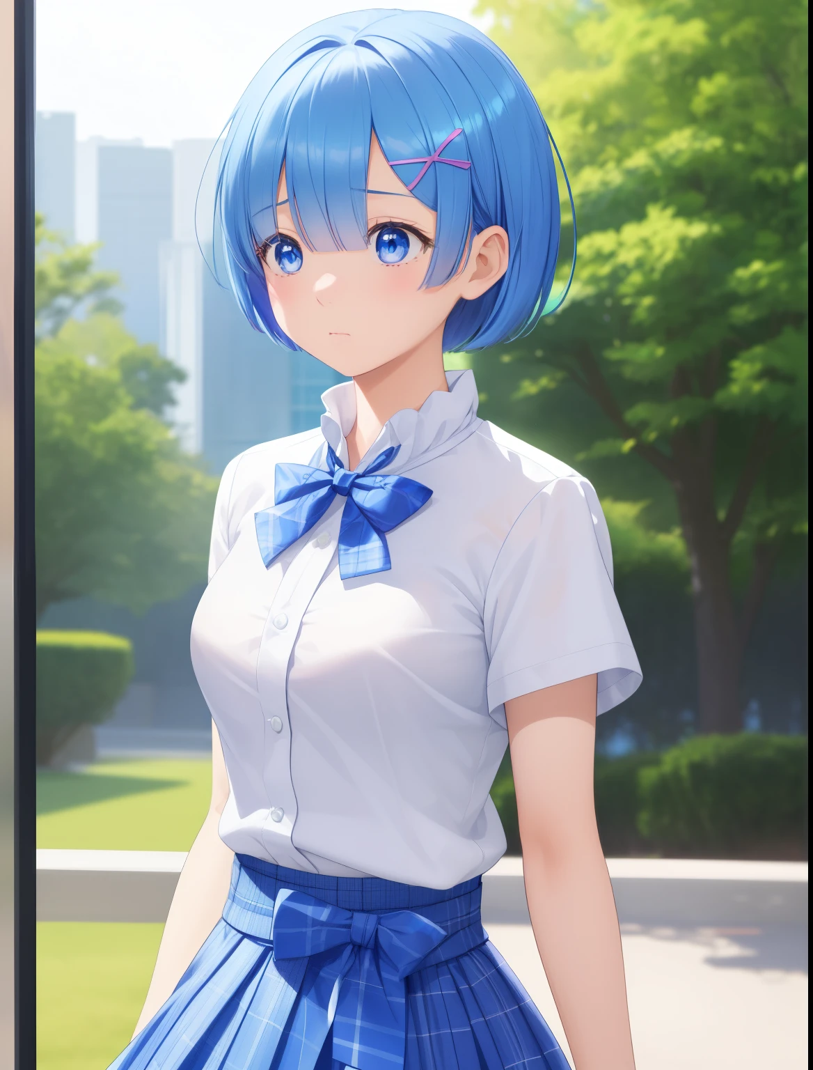 1girl, rem re zero,Short hair,,blue hair, blue eyes,,White shirt, short sleeve shirt, blue plaid skirt, blue bow tie,half body photo,ultra detail, ultra hd,Facing right, camera angle from the side,Sad expression, looking away, looking away