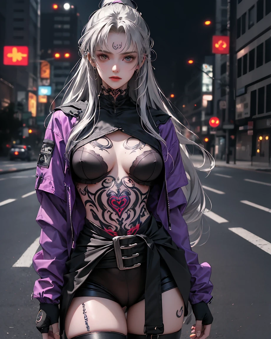 One Girl, Gray Hair, Long Hair, Techwear masterpiece, highest quality, Realistic, Dark purple jacket, Portraiture, fine grain, Platinum Hair, 21 year old girl, Fashion pose, Half Body, Wide Shot, on the road, cyber punk,(((He has many tattoos all over his body)), (((Tight waist))), ((Big Breasts)),(See-through),panties
