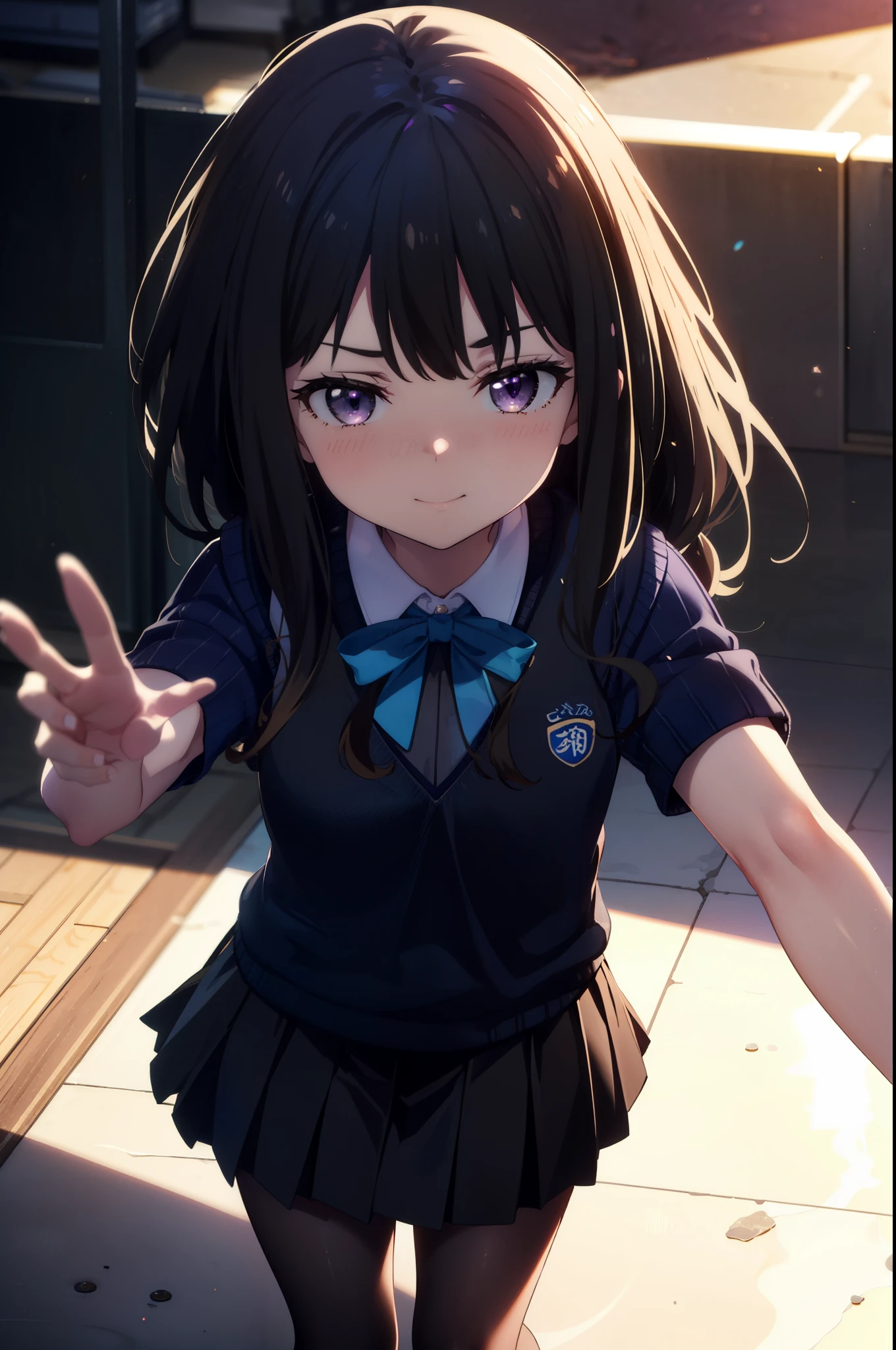 Takiuchi, Inoue Check, Long Hair, bangs, Black Hair, (Purple eyes:1.2),smile,blush,full body，
white yシャツ, Short sleeve, Pleated skirt,  Collared shirt, mini skirt, Black pantyhose, (Black Skirt:1.5), Sweater vest, (blue Sweater vest:1.5),Brown Loafers,Daytime,sunny,walking，whole bodyがイラストに入るように,　　　　　　　break looking at viewer　whole body, 
break indoors, School　corridor,
break (masterpiece:1.2), highest quality, High resolution, unity 8k wallpaper, (shape:0.8), (Beautiful details:1.6), Highly detailed face, Perfect lighting, Extremely detailed CG, (Perfect hands, Perfect Anatomy),
